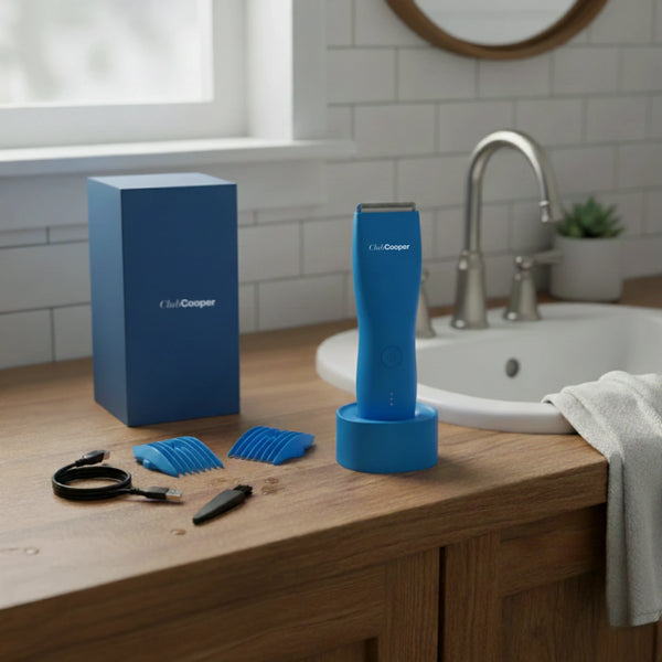 tondeuse bleue intérieur salle de bain avec tous les éléments