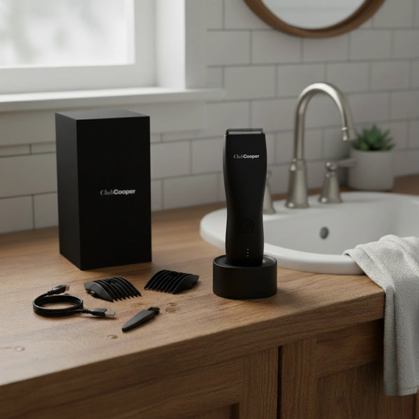 tondeuse noire intérieur salle de bain avec tous les éléments