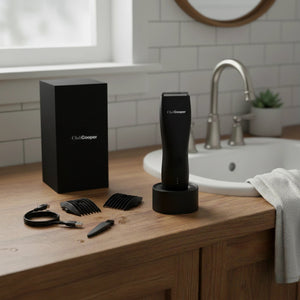 tondeuse noire intérieur salle de bain avec tous les éléments