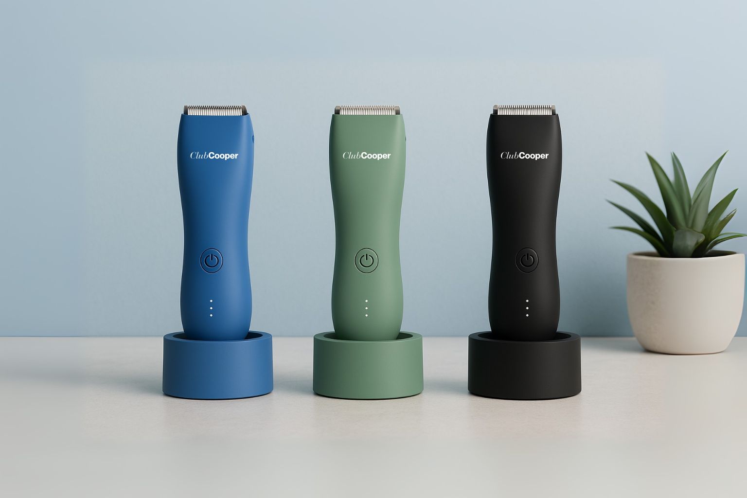 Tondeuse Cooper – Modèles noir, vert et bleu avec socle de recharge